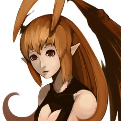 Rule 34 | 1girl, absurdres, bare shoulders, breasts, brown hair, cleavage, close-up, demon girl, female focus, highres, horns, long hair, lord of vermilion, pointy ears, red eyes, simple background, single wing, solo, succubus (lord of vermilion), white background, wings