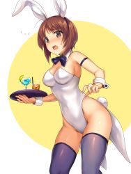 Rule 34 | 10s, 1girl, :o, ahoge, animal ears, bare shoulders, blush, bow, bowtie, breasts, brown eyes, brown hair, circle, cleavage, coattails, cocktail glass, cup, detached collar, drink, drinking glass, fake animal ears, fake tail, flying sweatdrops, food, fruit, girls und panzer, glass, groin, hairband, highleg, highleg leotard, holding, holding tray, ice, ice cube, icomochi, legs apart, leotard, lime (fruit), lime slice, looking at viewer, medium breasts, nishizumi miho, open mouth, playboy bunny, purple bow, purple bowtie, purple thighhighs, rabbit ears, rabbit tail, short hair, skindentation, solo, standing, stirrer, strapless, strapless leotard, sweatdrop, tail, tailcoat, thighhighs, tray, waitress, white background, white leotard, wrist cuffs