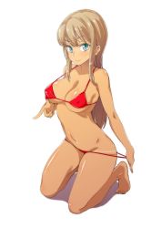 Rule 34 | 1girl, :&gt;, absurdres, alessandra susu, arched back, bad id, bad pixiv id, barefoot, bikini, bikini pull, bikini tan, blonde hair, blue eyes, breasts, cleavage, closed mouth, clothes pull, collarbone, covered erect nipples, full body, highres, index finger raised, kazuo daisuke, kneeling, large breasts, long hair, looking at viewer, micro bikini, navel, shadow, shiny skin, simple background, skindentation, smile, solo, strap gap, swimsuit, tan, tanline, thighs, tokyo 7th sisters, white background