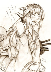 Rule 34 | 10s, 1girl, ahoge, bare shoulders, blush, breasts, detached sleeves, greyscale, hairband, japanese clothes, kamizono (spookyhouse), kantai collection, kongou (kancolle), large breasts, long hair, machinery, mecha, monochrome, nontraditional miko, open mouth, ribbon-trimmed sleeves, ribbon trim, robot, skirt, solo, tears, translation request, turret, weapon