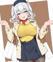 Rule 34 | 1girl, bag, beige coat, black pantyhose, black skirt, blouse, breasts, brown background, coat, commentary request, cowboy shot, grey eyes, hauto-san, highres, kantai collection, kashima (kancolle), large breasts, long hair, official alternate costume, pantyhose, pleated skirt, shirt, shopping bag, sidelocks, silver hair, skirt, solo, standing, twintails, two-tone background, wavy hair, yellow shirt