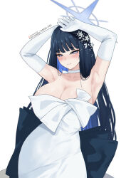 Rule 34 | 1girl, absurdres, amai-pai, armpits, arms up, black hair, blue archive, blue hair, blush, choker, colored inner hair, dress, elbow gloves, fanbox username, gloves, halo, highres, long hair, looking at viewer, multicolored hair, patreon username, presenting armpit, saori (blue archive), saori (dress) (blue archive), simple background, smile, solo, straight hair, strapless, strapless dress, two-tone hair, very long hair, white background, white choker, white dress, white gloves