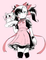 Rule 34 | 1girl, apron, arm at side, asymmetrical bangs, black dress, black hair, black nails, black wristband, blush, bow, closed mouth, commentary request, creatures (company), dress, emapippi, eyelashes, from above, game freak, gen 8 pokemon, glass, green eyes, hair bow, hand up, highres, holding, holding tray, looking at viewer, marnie (pokemon), morpeko, morpeko (full), nail polish, nintendo, pokemon, pokemon (creature), pokemon swsh, short sleeves, thighhighs, tray, twintails