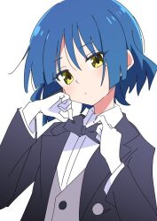 Rule 34 | 1girl, black bow, blue hair, bocchi the rock!, bow, closed mouth, collared shirt, gloves, ixy, looking at viewer, open clothes, shirt, short hair, simple background, solo, upper body, white background, white gloves, white shirt, yamada ryo, yellow eyes