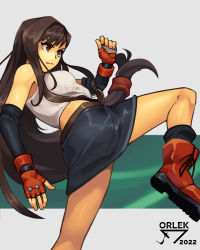 Rule 34 | 1girl, absurdres, artist name, breasts, brown hair, expressionless, fighting stance, final fantasy, final fantasy vii, fingerless gloves, gloves, highres, leg up, legs, letterboxed, long hair, looking to the side, low-tied long hair, medium breasts, midriff, orlek, red eyes, shirt, skirt, solo, square enix, suspender skirt, suspenders, tifa lockhart, tomboy, upper body, white shirt