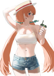Rule 34 | .live, 1girl, absurdres, bare shoulders, blue eyes, blush, breasts, brown hair, cup, denim, denim shorts, earrings, hair ornament, hair ribbon, hat, highres, holding, holding cup, jewelry, large breasts, long hair, looking at viewer, low twintails, nanahoshi milily, navel, orange nails, ribbon, shirt, short shorts, shorts, simple background, solo, sun hat, tama (tamago), twintails, virtual youtuber, white background, white shirt