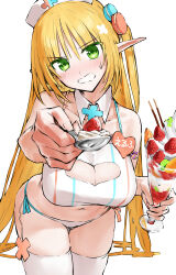 Rule 34 | 1girl, absurdres, akitaka akita, bare shoulders, blonde hair, blush, bra, breasts, cleavage, cleavage cutout, clothing cutout, elf, food, food-themed hair ornament, fruit, green eyes, hair ornament, hat, heart cutout, highres, large breasts, long hair, looking at viewer, macaron hair ornament, navel, open mouth, original, panties, parfait, pink panties, pointy ears, solo, spoon, sports bra, strawberry, thighhighs, thighs, underwear, white bra, white hat, white thighhighs