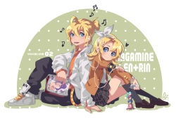 Rule 34 | 1boy, 1girl, alternate costume, arm support, armband, back-to-back, bf. (sogogiching), blazer, blonde hair, blue eyes, blush, brother and sister, cellphone, character name, copyright name, digital media player, earphones, full body, hair ornament, hairband, hairclip, heart, jacket, kagamine len, kagamine rin, knees up, light smile, loafers, magazine (object), musical note, phone, pleated skirt, shared earphones, shoes, short hair, siblings, simple background, sitting, skirt, sneakers, socks, twins, vocaloid
