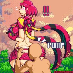 Rule 34 | !, !!, 1boy, 1girl, ass, ass grab, backboob, bald, breasts, butt crack, clothed female nude male, clothes, countmoxi, face in ass, grabbing, grabbing another&#039;s ass, grabbing from behind, huge ass, huge breasts, looking back, medium hair, nude, pixel art, pyra (xenoblade), red eyes, red hair, surprised, xenoblade chronicles (series), xenoblade chronicles 2