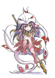 Rule 34 | 1girl, badhand, facial mark, fish girl, leviathan (shinrabanshou), long hair, looking at viewer, monster girl, polearm, purple hair, red eyes, shinrabanshou, simple background, smile, solo, tail, trident, weapon, white background