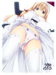 Rule 34 | 1girl, apron, ass, black dress, blonde hair, cameltoe, clothes lift, dress, dress lift, from below, green eyes, lifted by self, long hair, looking down, maid, maid headdress, original, panties, simple background, skirt, solo, thighhighs, thighs, underskirt, underwear, upskirt, usume shirou, white apron, white background, white panties, white skirt, white thighhighs