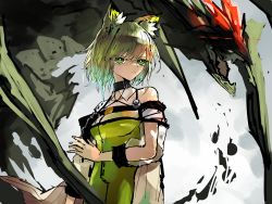 Rule 34 | 1girl, absurdres, animal ear fluff, animal ears, arknights, arm at side, bare shoulders, black collar, cat ears, closed mouth, coat, collar, dress, glaring, glowing, green dress, green eyes, green hair, grey background, highres, kal&#039;tsit (arknights), kensei (v2), looking to the side, material growth, medium hair, mon3tr (arknights), off shoulder, oripathy lesion (arknights), simple background, sleeves rolled up, solo, stethoscope, upper body, white coat