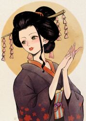 Rule 34 | 1girl, absurdres, black hair, black kimono, blush, circle, commentary, english commentary, eyeliner, floral print kimono, green eyes, hair ornament, highres, japanese clothes, kanzashi, kimono, looking to the side, lowrri, makeup, nico robin, obi, one piece, palms together, red lips, sash, sidelocks, solo, wide sleeves