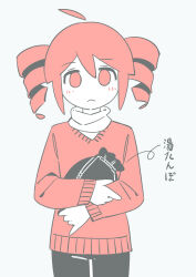 Rule 34 | 1girl, :&lt;, ahoge, alternate costume, bag, black pants, blush, commentary request, cowboy shot, detached ahoge, drill hair, grey background, highres, holding, holding bag, inemuri (jdq5e), kasane teto, long sleeves, looking at viewer, pants, red eyes, red hair, red sweater, short hair, simple background, solo, standing, sweater, translation request, tsumoyuki park shouyou (vocaloid), turtleneck, twin drills, utau