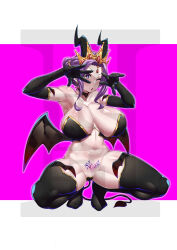 Rule 34 | 1girl, :o, ;o, absurdres, black gloves, black thighhighs, black wings, border, breasts, choker, cleavage, commentary, crown, demon girl, demon tail, demon wings, earrings, elbow gloves, english commentary, gloves, hair up, highres, horns, ibli51, ibli51, jewelry, large breasts, maebari, mature female, mirelia q melromarc, navel, one eye closed, pink background, purple eyes, purple hair, queen, simple background, slave tattoo, solo, squatting, tail, tate no yuusha no nariagari, tattoo, thighhighs, white border, wings