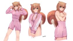 Rule 34 | 1girl, @ @, absurdres, animal ears, ayunda risu, bottomless, breasts, brown hair, cleavage, closed mouth, commentary, covering breasts, covering crotch, covering privates, cropped legs, double v, embarrassed, green eyes, highres, hololive, hololive indonesia, jacket, local catto, long hair, long sleeves, looking at viewer, medium breasts, multiple views, pink jacket, pink shorts, shorts, sidelocks, squirrel ears, squirrel girl, squirrel tail, standing, tail, topless, twintails, twitter username, upper body, v, v-shaped eyebrows, v over eye, virtual youtuber, white background