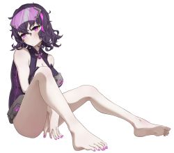 Rule 34 | 1girl, absurdres, arm under breasts, bare shoulders, barefoot, between legs, blush, breasts, cleavage, cleavage cutout, closed mouth, clothing cutout, eyewear on head, feet, from side, frown, full body, girls&#039; frontline, hand between legs, highres, large breasts, leotard, lights, looking at viewer, medium hair, multicolored hair, nail polish, own hands together, pink hair, purple eyes, purple hair, ripper (girls&#039; frontline), rlin, sangvis ferri, simple background, sitting, sleeveless, solo, streaked hair, toenail polish, toenails, white background