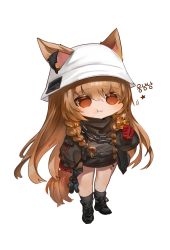 Rule 34 | 1girl, :t, animal ears, arknights, black footwear, black jacket, black scarf, black shirt, black skirt, black socks, blouse, boots, brown eyes, brown hair, ceobe (arknights), chain, chibi, closed mouth, commentary request, cross-laced footwear, dog ears, dog girl, dog tail, dokomon, ears through headwear, eating, food, full body, helmet, highres, holding, holding food, jacket, korean commentary, korean text, lace-up boots, long hair, long sleeves, material growth, mole, mole on cheek, open clothes, open jacket, oripathy lesion (arknights), puffy long sleeves, puffy sleeves, scarf, shirt, simple background, skirt, socks, solo, standing, star (symbol), tail, very long hair, wavy mouth, white background, white headwear