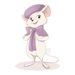 Rule 34 | 1other, artist logo, artist name, bow, brown eyes, full body, hat, highres, miadresden, miss bianca, mouse (animal), no humans, open mouth, purple bow, purple hat, simple background, solo, standing, the rescuers, white background