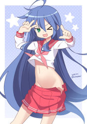 Rule 34 | &gt; o, 1girl, ;d, ahoge, aoi masami, blue hair, commentary request, dated, hair between eyes, izumi konata, long hair, looking at viewer, lucky star, mole, mole under eye, navel, neckerchief, one eye closed, open mouth, pink neckerchief, red sailor collar, red skirt, sailor collar, school uniform, serafuku, skirt, smile, solo, standing, stomach, thighs, twitter username, v, very long hair