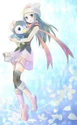 Rule 34 | 1girl, bad id, bad pixiv id, beanie, black thighhighs, blue eyes, blue hair, blush, boots, creatures (company), dawn (pokemon), game freak, gen 4 pokemon, hair ornament, hairclip, hat, highres, jewelry, long hair, miyanonnon, nintendo, open mouth, piplup, pokemon, pokemon (anime), pokemon (creature), pokemon adventures, ring, scarf, skirt, smile, thighhighs