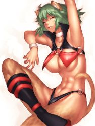 Rule 34 | 1girl, abs, animal ears, armpits, boots, breasts, choker, fang, fumio (rsqkr), green hair, large breasts, one eye closed, revealing clothes, short hair, simple background, solo, tail, underboob, white background, wink, yellow eyes