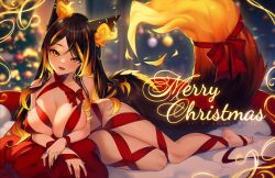 Rule 34 | 1girl, animal ears, blonde hair, breasts, brown hair, brown tail, christmas, fox ears, fox girl, fox tail, highres, hyanna-natsu, large breasts, long hair, multicolored hair, nude, open mouth, original, red ribbon, ribbon, solo, tail, virtual youtuber, yellow eyes