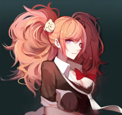 Rule 34 | 10s, 1girl, bear hair ornament, black bra, bow, bra, breasts, cleavage, closed mouth, danganronpa: trigger happy havoc, danganronpa (series), enoshima junko, eyebrows, eyelashes, gradient background, hair ornament, holding, holding stuffed toy, light smile, long hair, looking at viewer, loose necktie, medium breasts, monokuma, necktie, pink hair, pink lips, purple eyes, red bow, shigure s, short sleeves, sleeves rolled up, solo, spoilers, stuffed animal, stuffed toy, teddy bear, twintails, underwear, upper body, white necktie