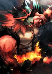 Rule 34 | 1boy, claws, colored sclera, commentary request, creatures (company), fire, furry, furry male, game freak, gen 7 pokemon, green eyes, incineroar, looking at viewer, male focus, muscular, muscular male, nintendo, pectorals, pokemon, pokemon (creature), red fur, sharp teeth, sky (sora no gomibako), solo, teeth, wiping face, yellow sclera