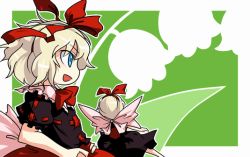 Rule 34 | 1girl, :d, blonde hair, border, bow, bowtie, fairy, fairy wings, female focus, flower, flying, from side, green background, hair bow, hairband, iyau, long sleeves, medicine melancholy, open mouth, profile, puffy short sleeves, puffy sleeves, red bow, red bowtie, ribbon, short hair, short sleeves, sideways mouth, silhouette, simple background, size difference, smile, solo, su-san, touhou, wings
