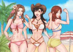 Rule 34 | 3girls, aerith gainsborough, ass, ass peek, beach, bikini, black hair, blue sky, breasts, brown eyes, brown hair, cissnei, cleavage, closed mouth, cloud, cloudy sky, cowboy hat, crylin6, earrings, final fantasy, final fantasy vii, final fantasy vii rebirth, final fantasy vii remake, gluteal fold, hat, highres, jewelry, large breasts, long hair, looking at viewer, medium breasts, midriff, multiple girls, navel, ocean, open mouth, palm tree, parasol, red eyes, red hair, shorts, side-tie bikini bottom, single earring, sky, small breasts, smile, stomach, swimsuit, tank top, tankini, thighs, tifa lockhart, tree, umbrella, yellow eyes