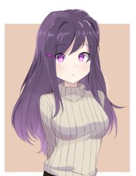 Rule 34 | 1girl, arms behind back, casual, chocomiru, commentary, doki doki literature club, english commentary, eyes visible through hair, hair ornament, hairclip, long hair, looking at viewer, open mouth, purple hair, ribbed sweater, simple background, solo, sweater, upper body, yuri (doki doki literature club)