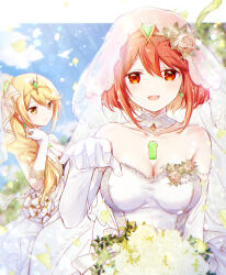 Rule 34 | 2girls, alternate costume, alternate hairstyle, bare shoulders, blonde hair, blue sky, bouquet, breasts, bridal veil, chest jewel, cleavage, closed mouth, cloud, collarbone, commentary request, core crystal (xenoblade), day, detached collar, dress, earrings, elbow gloves, flower, gloves, hair between eyes, highres, holding, holding bouquet, jewelry, long hair, looking at viewer, medium breasts, multiple girls, mythra (xenoblade), open mouth, petals, ponytail, pyra (xenoblade), red eyes, red hair, short hair, sky, smile, strapless, strapless dress, tiara, ui frara, veil, wedding dress, white dress, white gloves, xenoblade chronicles (series), xenoblade chronicles 2, yellow eyes, yellow flower