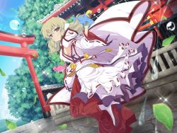 Rule 34 | 10s, 1girl, architecture, blonde hair, breasts, day, east asian architecture, from side, hakama, hakama pants, japanese clothes, kafuru (senran kagura), large breasts, outdoors, pants, senran kagura, senran kagura new link, shrine, sideboob, smile, smug, solo, torii, twintails, water drop, water gun