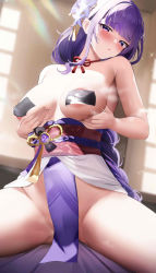 Rule 34 | 1girl, blush, breasts, fantongjun, flower, genshin impact, hair flower, hair ornament, hands on own chest, highres, holding, indoors, japanese clothes, kimono, large breasts, long hair, looking at viewer, open mouth, pasties, purple eyes, purple hair, raiden shogun, solo, spread legs, sunlight, tape, tape on nipples, thighs