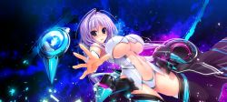 Rule 34 | 1girl, absurdres, ball, black thighhighs, blue eyes, bodysuit, breasts, center opening, cleavage, cowboy shot, game cg, glowing, highres, hoshizaki ouka, large breasts, looking at viewer, orb, oshiki hitoshi, outstretched arm, outstretched hand, palms, purple hair, sakigake generation!, solo, standing, tareme, thighhighs, underboob