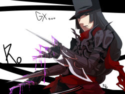 Rule 34 | 1boy, arm blade, armor, black armor, black bodysuit, black eyes, black hair, black hat, blood, blood drip, bodysuit, braid, braided ponytail, cape, character name, clenched teeth, commentary request, copyright name, dripping blood, flowery peko, gauntlets, guillotine cross (ragnarok online), half-closed eyes, hat, long hair, looking at viewer, male focus, mole, mole under mouth, pauldrons, purple blood, ragnarok online, red cape, red scarf, scarf, shako cap, shoulder armor, solo, teeth, waist cape, weapon, white background