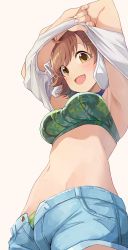 Rule 34 | 1girl, :d, armpits, arms up, bikini, bikini under clothes, blue shorts, blush, breasts, brown hair, commentary request, cowlick, from below, green bikini, highres, hiroki (yyqw7151), honda mio, idolmaster, idolmaster cinderella girls, looking at viewer, medium breasts, navel, open fly, open mouth, shirt, short shorts, shorts, simple background, smile, solo, swimsuit, undressing, white background, white shirt, yellow eyes