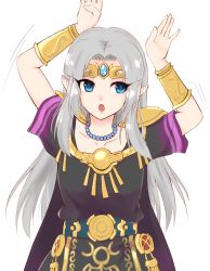 Rule 34 | 1girl, :o, alternate color, alternate hair color, arms up, bead necklace, beads, black cape, black dress, blue eyes, bracer, cape, circlet, collarbone, dress, gem, hair intakes, highres, jewelry, long hair, looking away, looking to the side, motion lines, necklace, nintendo, open mouth, pointy ears, princess, princess zelda, short sleeves, shoulder pads, silver hair, solo, straight hair, super smash bros., the legend of zelda, the legend of zelda: a link between worlds, vuarugo