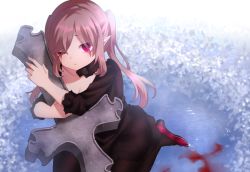 Rule 34 | 1girl, black dress, blood, bloody tears, collarbone, colored sclera, cross, dress, hair over one eye, highres, long hair, looking at viewer, neit ni sei, hugging object, one eye closed, original, pantyhose, pink hair, pointy ears, red eyes, red sclera, solo, symbol-shaped pupils, twintails