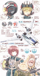 Rule 34 | 1girl, 2boys, alien, animification, bistan, english text, headset, helmet, highres, laren joma, leaning on person, multiple boys, nosh, open mouth, pao (rogue one), pilot suit, red eyes, red hair, rogue one: a star wars story, science fiction, short hair, spacecraft, star wars, u-wing