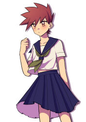 Rule 34 | 1boy, absurdres, alternate costume, blue oak, blue sailor collar, blue skirt, blush, brown eyes, brown hair, clenched hand, closed mouth, collarbone, commentary request, creatures (company), crossdressing, game freak, hand up, highres, male focus, nintendo, no sclera, pleated skirt, pokemon, pokemon hgss, sailor collar, school uniform, serafuku, shirt, short hair, short sleeves, simple background, skirt, solo, spiked hair, wanichi, white background, white shirt