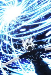 Rule 34 | 1boy, accelerator (toaru majutsu no index), action, black shirt, colorized, commentary, electricity, electrokinesis, energy, fantasy, feet out of frame, from below, gazing eye, glowing, grin, haimura kiyotaka, highres, looking up, medium hair, night, nose, novel illustration, official art, outdoors, outstretched arms, psychic, science fiction, shirt, short sleeves, smile, solo, striped clothes, striped shirt, teeth, toaru majutsu no index, toaru majutsu no index: old testament, upper body, white hair, wind