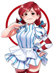 Rule 34 | 1girl, :d, apron, blue bow, blue eyes, blush, bow, braid, breasts, deviantart username, dress, freckles, girutea, hair bow, hand on own hip, lipstick, looking at viewer, makeup, medium breasts, open mouth, pinstripe pattern, puffy short sleeves, puffy sleeves, red eyes, red hair, red lips, short sleeves, simple background, smile, smug, solo, standing, striped clothes, striped legwear, striped thighhighs, thighhighs, twin braids, twintails, watermark, web address, wendy&#039;s, wendy (wendy&#039;s), white background