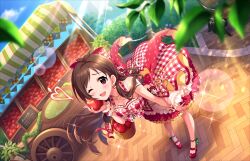 Rule 34 | 1girl, apple, bare shoulders, basket, blue sky, blurry, blurry foreground, bow, breasts, brown hair, cleavage, cloud, collarbone, day, depth of field, dress, dutch angle, earrings, eyelashes, food, food stand, frilled dress, frills, fruit, full body, game cg, hair bow, holding, holding food, holding fruit, idolmaster, idolmaster cinderella girls, idolmaster cinderella girls starlight stage, jewelry, lace trim, leaning forward, lens flare, long hair, looking at viewer, medium breasts, necklace, official art, one eye closed, open mouth, outdoors, parted bangs, plaid, plaid dress, red dress, red footwear, sky, socks, solo, sparkle, swept bangs, tsujino akari, white socks