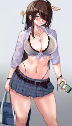 Rule 34 | 1girl, absurdres, alternate costume, bag, beidou (genshin impact), belt, black bra, blue skirt, blush, bra, bracelet, breasts, brown belt, brown hair, cellphone, cleavage, closed mouth, collared shirt, genshin impact, gradient background, grey background, hair ornament, hair over one eye, hairpin, highres, holding, holding bag, holding phone, jewelry, large breasts, long hair, long sleeves, looking at viewer, loooyd, midriff, miniskirt, navel, navel piercing, necklace, one eye covered, phone, piercing, pleated skirt, purple eyes, shirt, shoulder bag, simple background, skirt, smartphone, solo, stomach, thighs, underwear, whale tail (clothing), white shirt