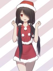 Rule 34 | 10s, 1girl, blush, christmas, cowboy shot, date a live, fur trim, hair over one eye, hat, highres, legs together, long hair, looking at viewer, low twintails, maredoro, parted lips, red eyes, santa costume, santa hat, solo, tokisaki kurumi, twintails, very long hair