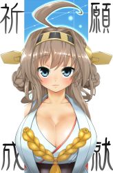 Rule 34 | 10s, 1girl, ahoge, blue eyes, blush, braid, breasts, brown hair, cleavage, headgear, highres, hobby (kento), japanese clothes, kantai collection, kongou (kancolle), large breasts, long hair, personification, solo, twin braids