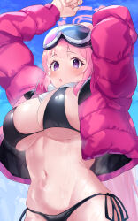 Rule 34 | 1girl, absurdres, arms up, bikini, black bikini, blue archive, blush, breasts, eimi (swimsuit) (blue archive), fingernails, goggles, goggles on head, groin, halo, highres, jacket, large breasts, long hair, long sleeves, navel, official alternate costume, open clothes, open jacket, open mouth, pink hair, pink halo, pink jacket, ponytail, purple eyes, shou manjirou, side-tie bikini bottom, sideboob, solo, stomach, sweat, swimsuit, underboob, very long hair