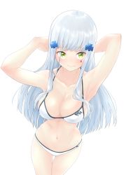 Rule 34 | 1girl, absurdres, alternate costume, arms behind head, bikini, blue hair, blush, breasts, cleavage, closed mouth, collarbone, feet out of frame, from above, girls&#039; frontline, green eyes, hair ornament, hairclip, highres, hk416 (girls&#039; frontline), light blue hair, long hair, looking at viewer, medium breasts, navel, solo, standing, swimsuit, take mawile, teardrop facial mark, teardrop tattoo, white background, white bikini